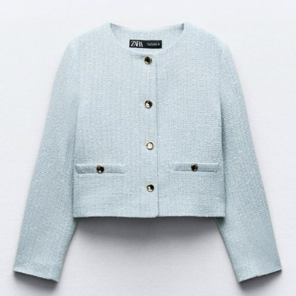 Zara Light Blue & White Tweed Round Neck Blazer Jacket Size S